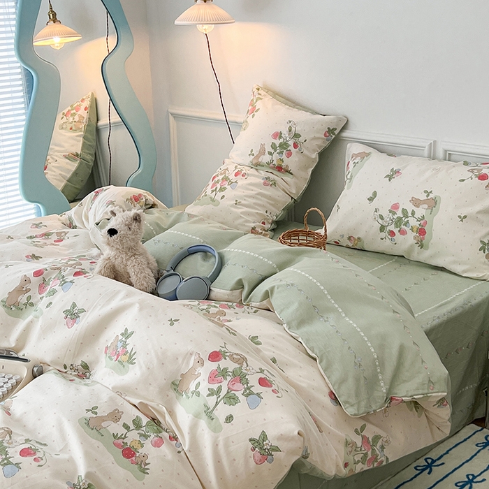 91家纺网 家纺一手货源 找家纺 2024新款13070跑量款全棉四件套--小清新系列 果实小兔