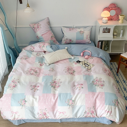 2024新款13070跑量款全棉四件套--花卉系列 拼接粉玫瑰