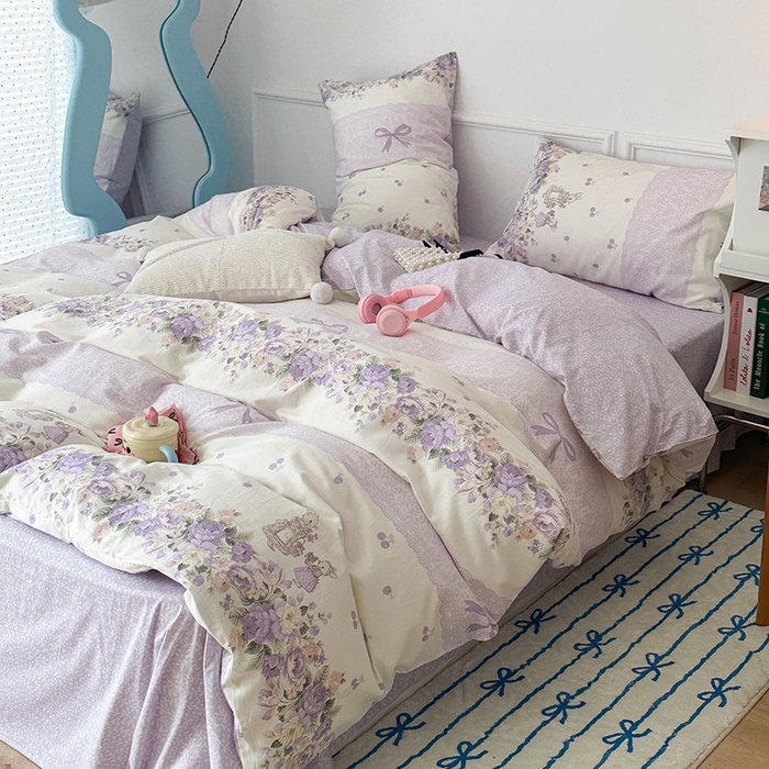 91家纺网 家纺一手货源 找家纺 2024新款13070跑量款全棉四件套--小清新系列 梦境樱桃兔 紫