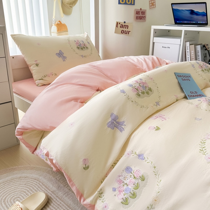 91家纺网 家纺一手货源 找家纺 2024新款水洗棉小清新印花学生三件套（床笠床套款） 花间兔