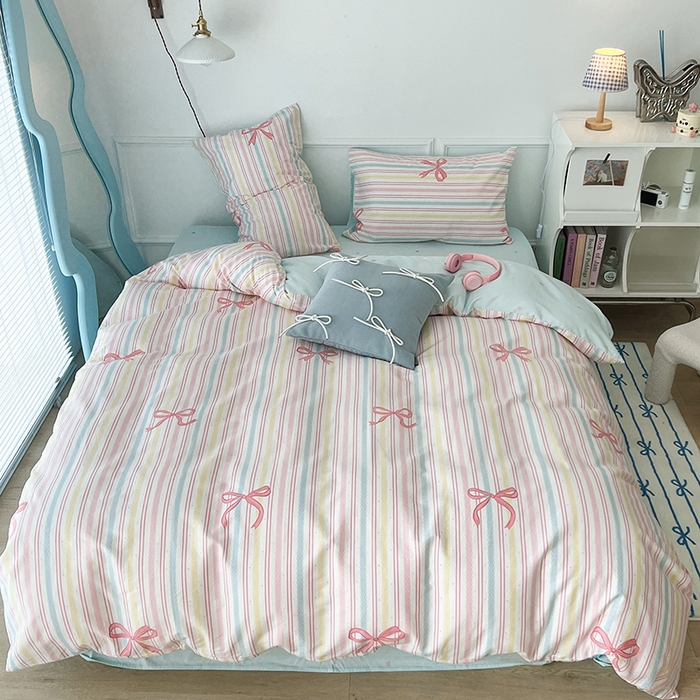 91家纺网 家纺一手货源 找家纺 2024新款13070跑量款全棉四件套--小清新系列 彩条芭蕾蝴蝶结