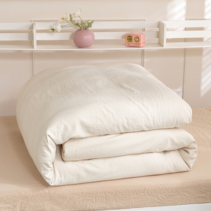 91家纺网 家纺一手货源 找家纺 2024新款纯色双拼水洗棉学生三件套（床笠床套款） 纯色-奶昔白+奶茶