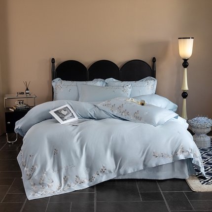 心悦家纺 2024新款高支高密120支长绒棉刺绣四件套 月光兰