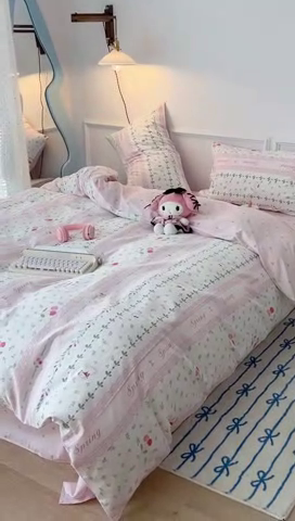 91家纺网 家纺一手货源 找家纺 2024新款13070跑量款全棉四件套--小清新系列 粉粉樱桃兔