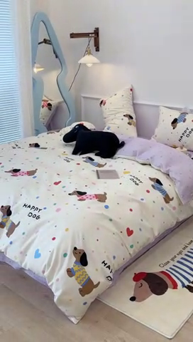 91家纺网 家纺一手货源 找家纺 2024新款13070跑量款全棉四件套--卡通系列 点点毛衣狗