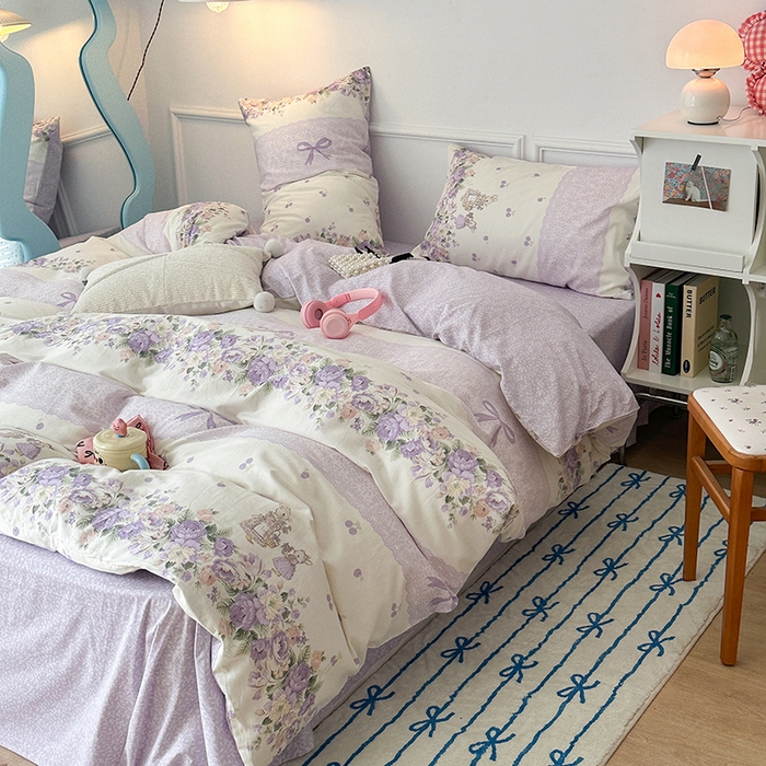 91家纺网 家纺一手货源 找家纺 2024新款13070跑量款全棉四件套--小清新系列 梦境樱桃兔 紫