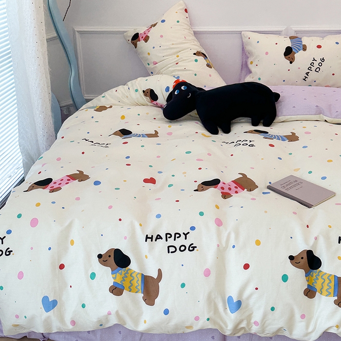 91家纺网 家纺一手货源 找家纺 2024新款13070跑量款全棉四件套--卡通系列 点点毛衣狗