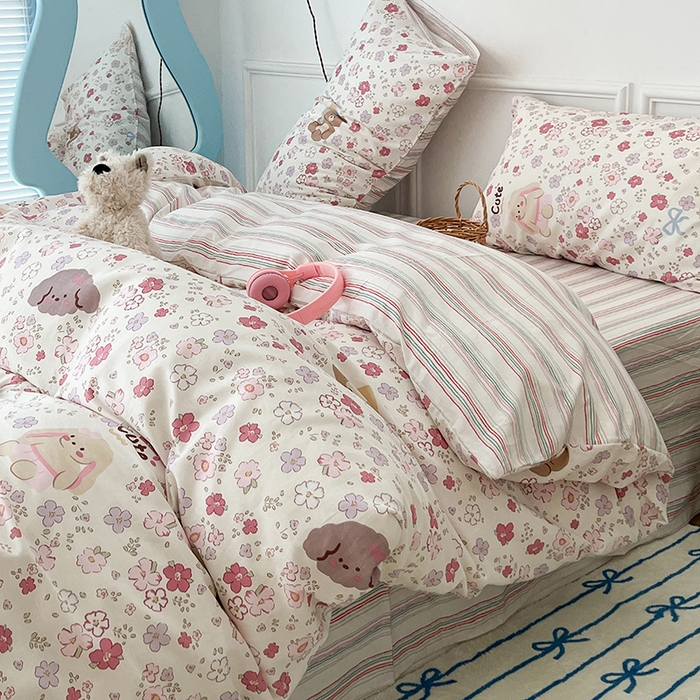 91家纺网 家纺一手货源 找家纺 2024新款13070跑量款全棉四件套--小清新系列 花花熊兔