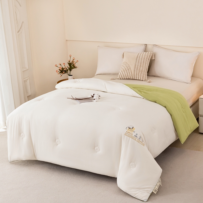 91家纺网 家纺一手货源 找家纺 好宜家纺 2025新款水洗棉新疆棉花被芯拉链款二合一子母被冬被春秋被夏被学生宿舍被褥 单被子-米白+奶绿