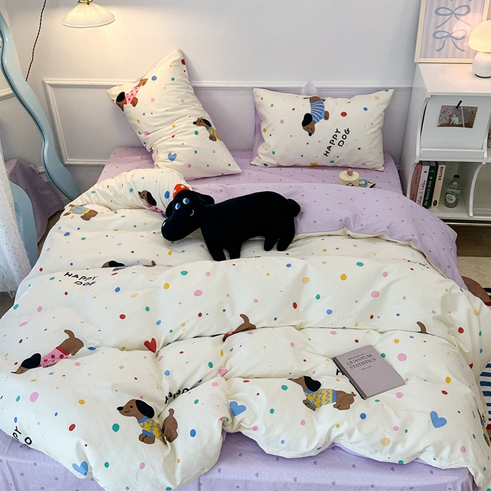 91家纺网 家纺一手货源 找家纺 2024新款13070跑量款全棉四件套--卡通系列 点点毛衣狗