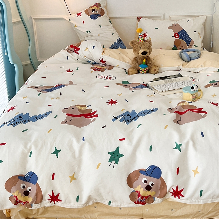 91家纺网 家纺一手货源 找家纺 2024新款13070跑量款全棉四件套--卡通系列 烟花小狗