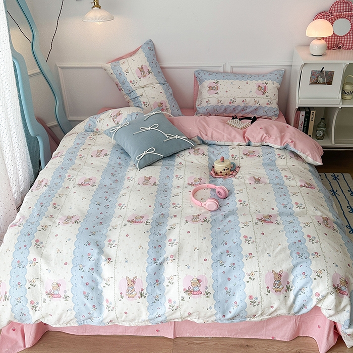 91家纺网 家纺一手货源 找家纺 2024新款13070跑量款全棉四件套--小清新系列 春日花花兔