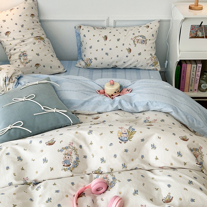 91家纺网 家纺一手货源 找家纺 2024新款13070跑量款全棉四件套--小清新系列 铃兰兔兔