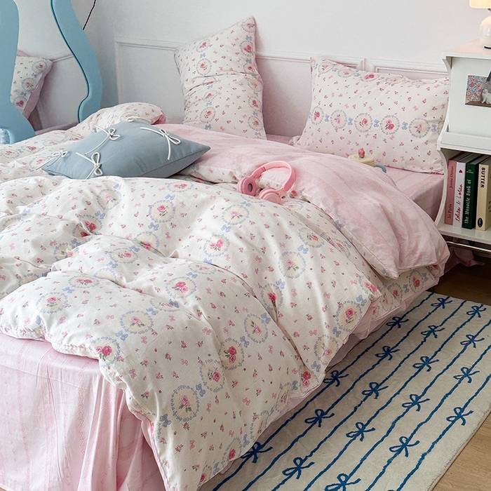 91家纺网 家纺一手货源 找家纺 2024新款13070跑量款全棉四件套--花卉系列 圈圈碎花玫瑰