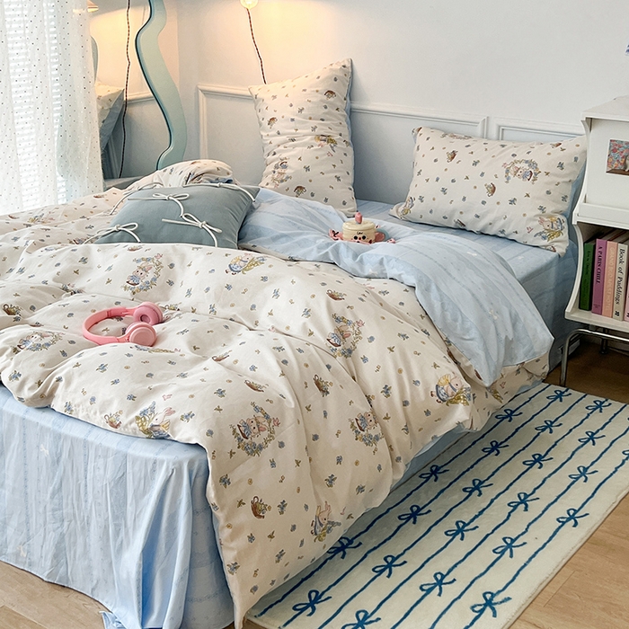 91家纺网 家纺一手货源 找家纺 2024新款13070跑量款全棉四件套--小清新系列 铃兰兔兔