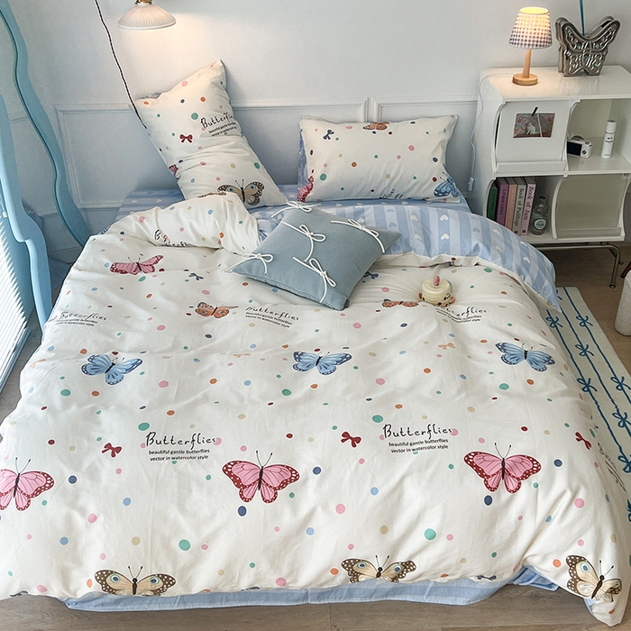 91家纺网 家纺一手货源 找家纺 2024新款13070跑量款全棉四件套--小清新系列 彩波点蝴蝶