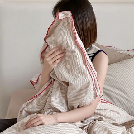 梦享生活家居 2024新款密拷边水洗棉细条纹四件套 密拷边米细条