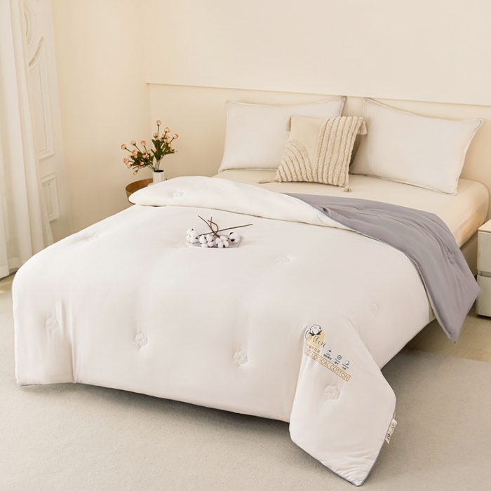 91家纺网 家纺一手货源 找家纺 好宜家纺 2025新款水洗棉新疆棉花被芯拉链款二合一子母被冬被春秋被夏被学生宿舍被褥 单被子-米白+中灰