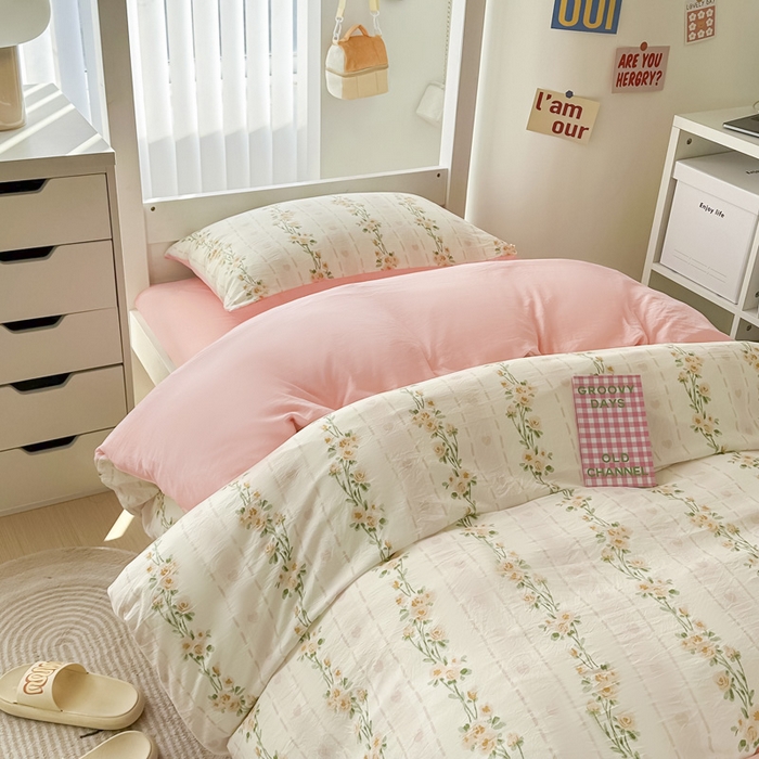 91家纺网 家纺一手货源 找家纺 2024新款水洗棉小清新印花学生三件套（床笠床套款） 花语