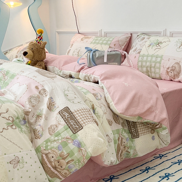 91家纺网 家纺一手货源 找家纺 2024新款13070跑量款全棉四件套--洛丽塔系列 星愿小兔