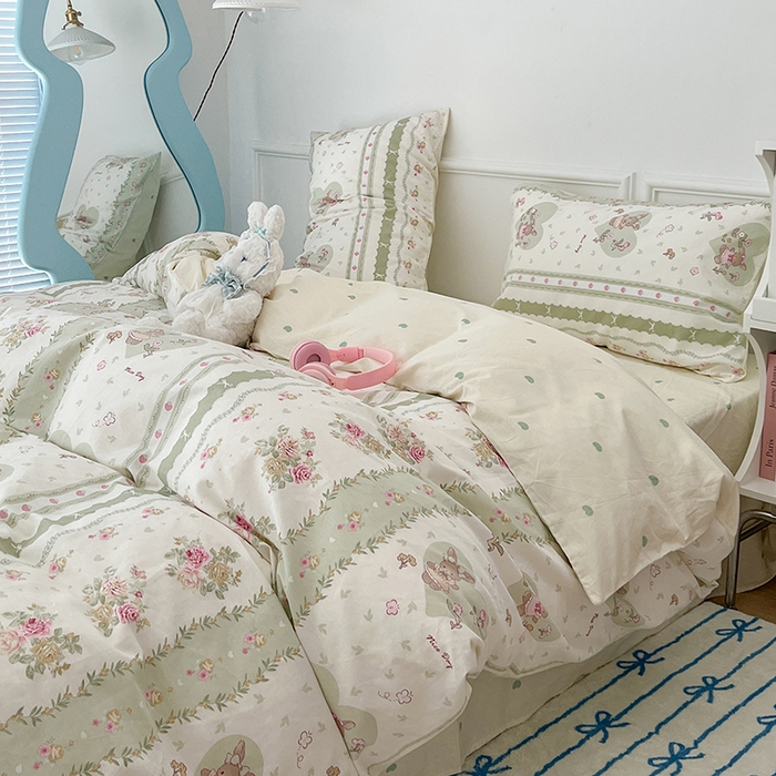 91家纺网 家纺一手货源 找家纺 2024新款13070跑量款全棉四件套--小清新系列 爱心花园兔