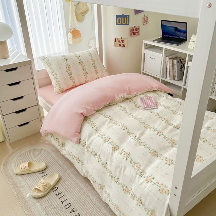 91家纺网 家纺一手货源 找家纺 2024新款水洗棉小清新印花学生三件套（床笠床套款） 花语