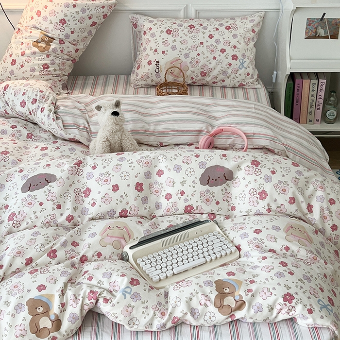 91家纺网 家纺一手货源 找家纺 2024新款13070跑量款全棉四件套--小清新系列 花花熊兔