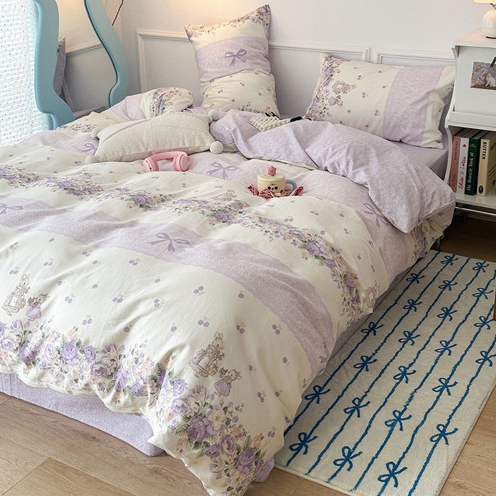 91家纺网 家纺一手货源 找家纺 2024新款13070跑量款全棉四件套--小清新系列 梦境樱桃兔 紫