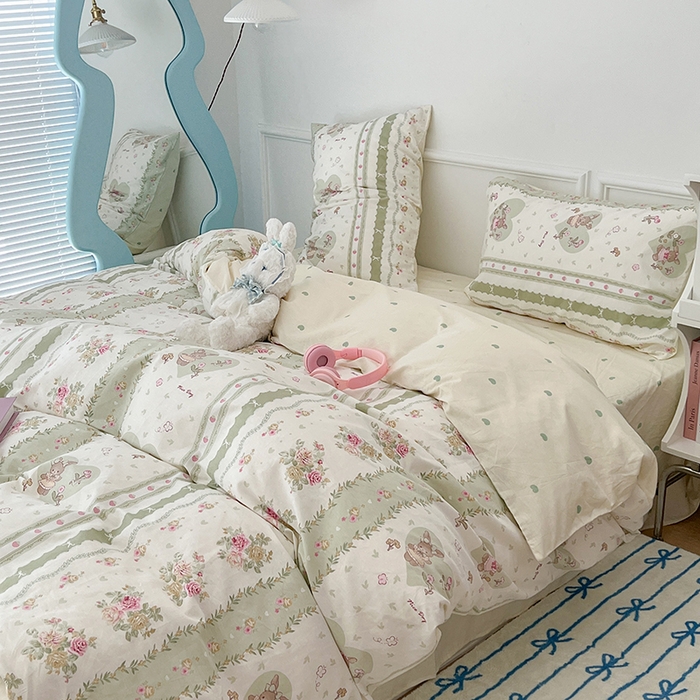 91家纺网 家纺一手货源 找家纺 2024新款13070跑量款全棉四件套--小清新系列 爱心花园兔