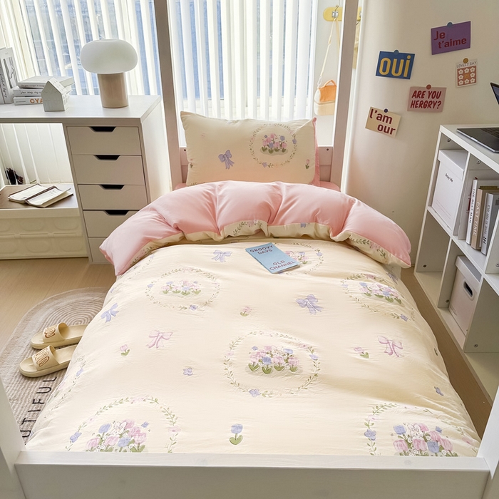 91家纺网 家纺一手货源 找家纺 2024新款水洗棉小清新印花学生三件套（床笠床套款） 花间兔