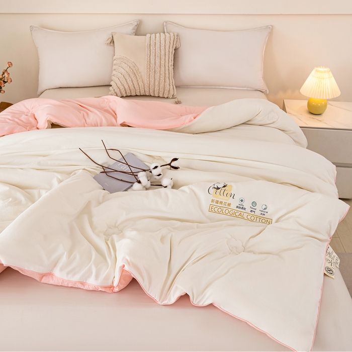 91家纺网 家纺一手货源 找家纺 好宜家纺 2025新款水洗棉新疆棉花被芯拉链款二合一子母被冬被春秋被夏被学生宿舍被褥 单被子-米白+粉玉