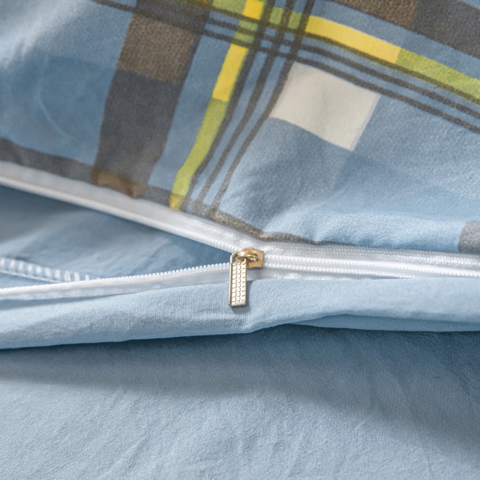 91家纺网 家纺一手货源 找家纺 2024新款水洗棉无印格子学生三件套（床笠床套款） G-简兮-蓝+海青