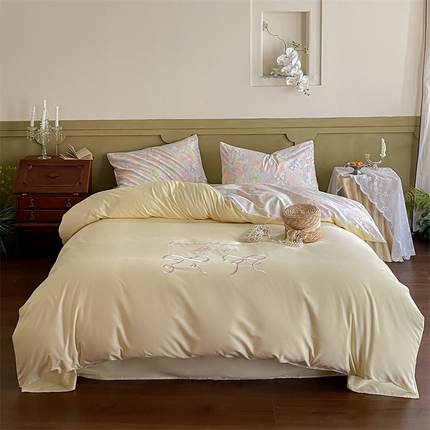 圆岛家纺 2024新款全棉印花蝴蝶结刺绣四件套 蝴蝶结黄