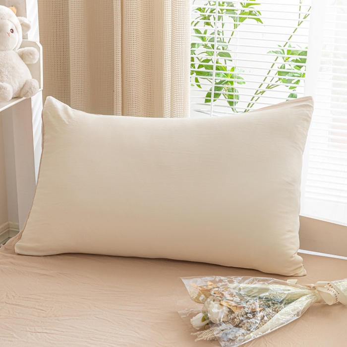 91家纺网 家纺一手货源 找家纺 2024新款纯色双拼水洗棉学生三件套（床笠床套款） 纯色-奶昔白+奶茶