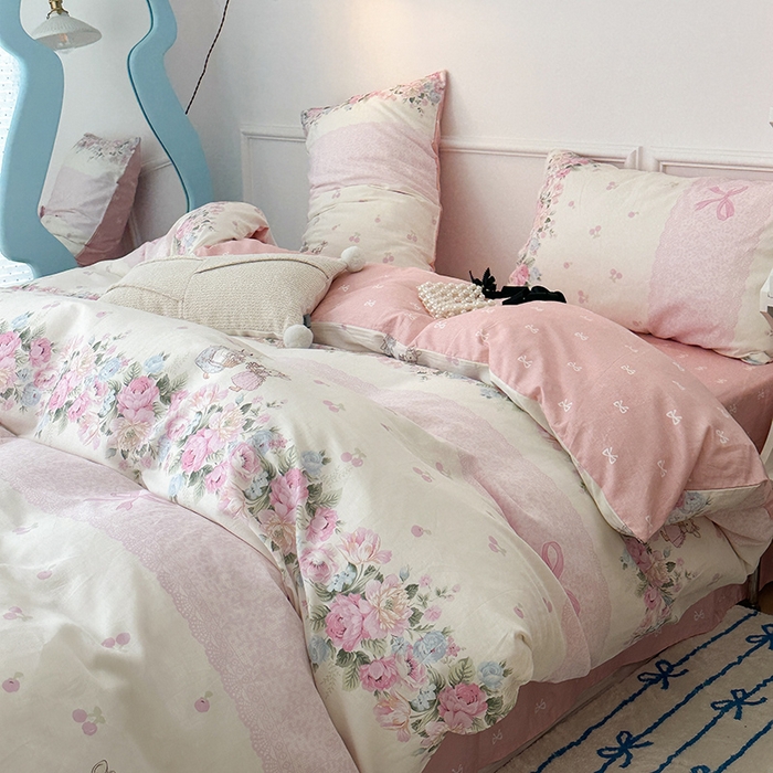91家纺网 家纺一手货源 找家纺 2024新款13070跑量款全棉四件套--小清新系列 梦境樱桃兔 粉