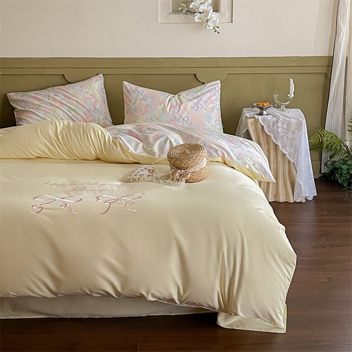 91家纺网 家纺一手货源 找家纺 圆岛家纺 2024新款全棉印花蝴蝶结刺绣四件套 蝴蝶结黄