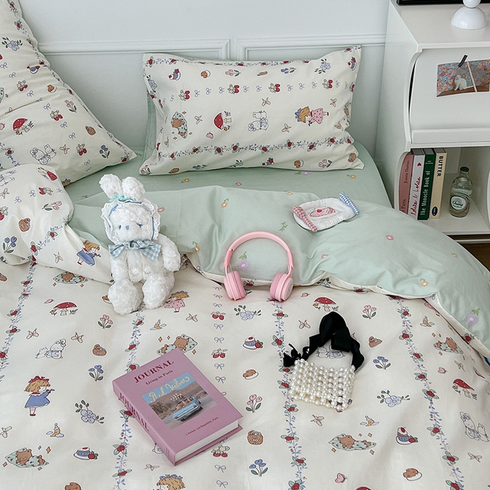 91家纺网 家纺一手货源 找家纺 2024新款13070跑量款全棉四件套--小清新系列 蘑菇女孩