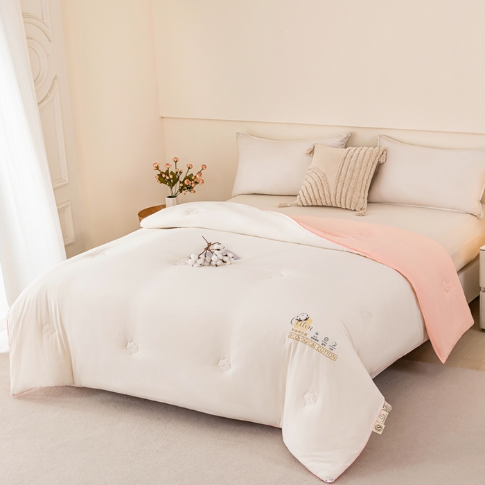 91家纺网 家纺一手货源 找家纺 好宜家纺 2025新款水洗棉新疆棉花被芯拉链款二合一子母被冬被春秋被夏被学生宿舍被褥 单被子-米白+粉玉