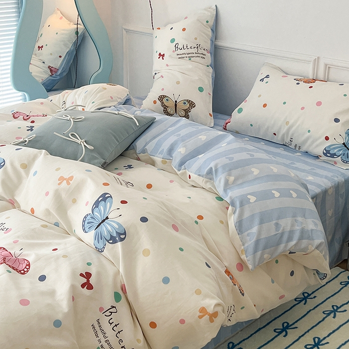 91家纺网 家纺一手货源 找家纺 2024新款13070跑量款全棉四件套--小清新系列 彩波点蝴蝶