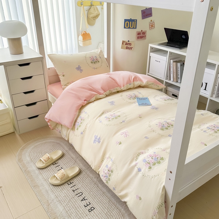 91家纺网 家纺一手货源 找家纺 2024新款水洗棉小清新印花学生三件套（床笠床套款） 花间兔