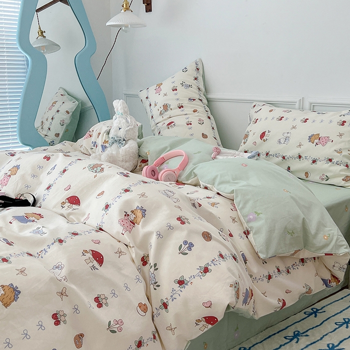 91家纺网 家纺一手货源 找家纺 2024新款13070跑量款全棉四件套--小清新系列 蘑菇女孩