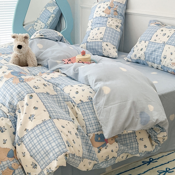 91家纺网 家纺一手货源 找家纺 2024新款13070跑量款全棉四件套--卡通系列 拼接格子兔