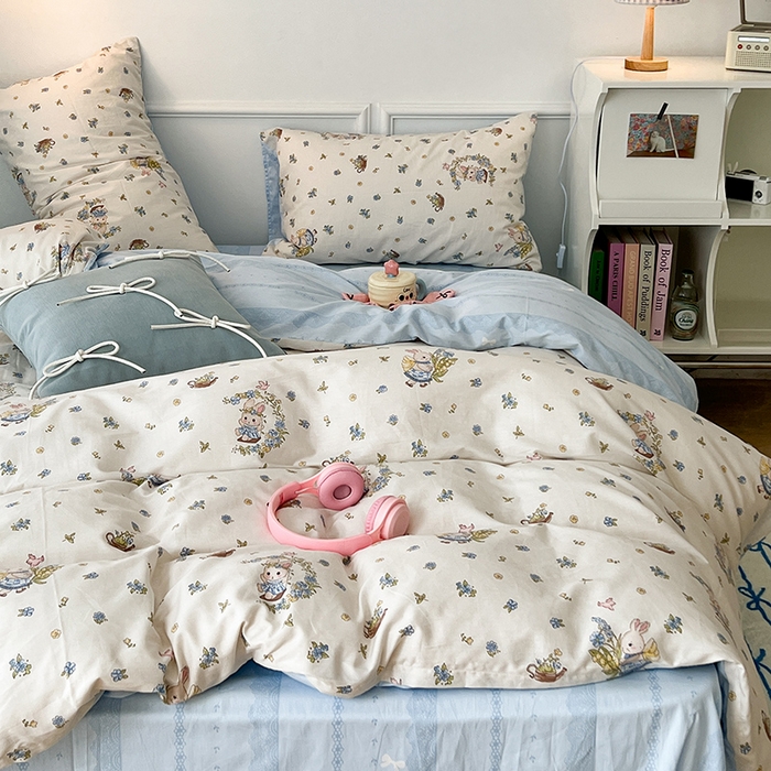 91家纺网 家纺一手货源 找家纺 2024新款13070跑量款全棉四件套--小清新系列 铃兰兔兔