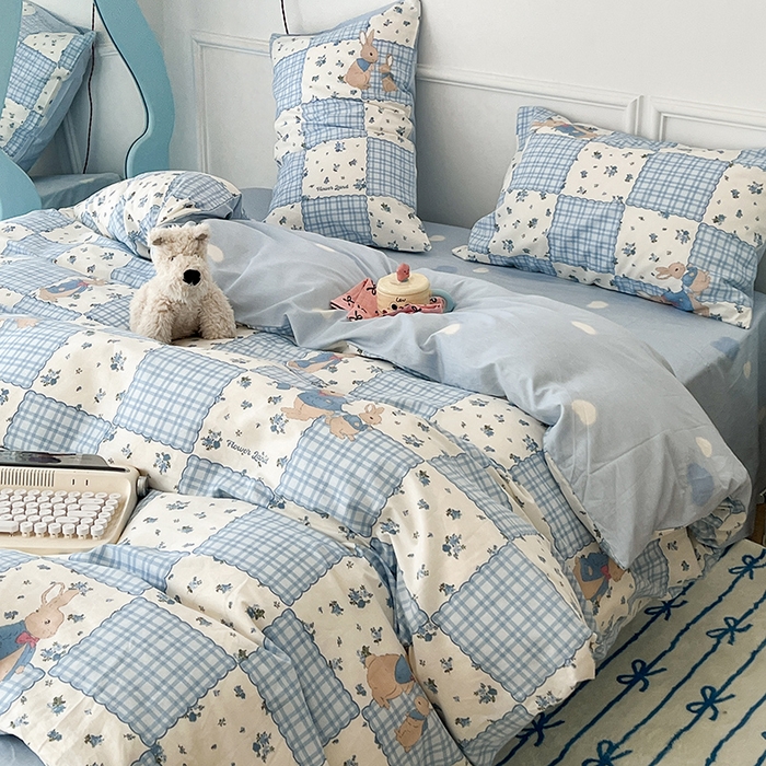 91家纺网 家纺一手货源 找家纺 2024新款13070跑量款全棉四件套--卡通系列 拼接格子兔