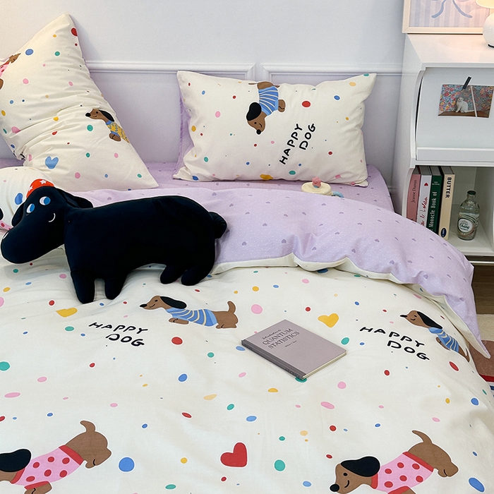 91家纺网 家纺一手货源 找家纺 2024新款13070跑量款全棉四件套--卡通系列 点点毛衣狗