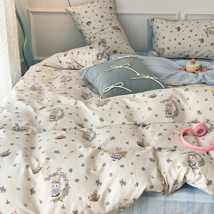 91家纺网 家纺一手货源 找家纺 2024新款13070跑量款全棉四件套--小清新系列 铃兰兔兔