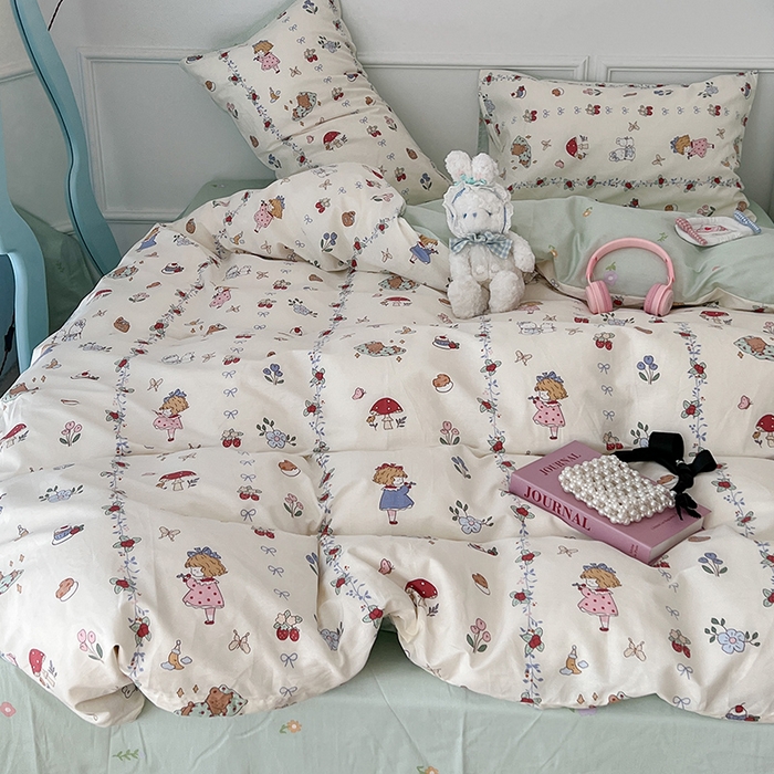 91家纺网 家纺一手货源 找家纺 2024新款13070跑量款全棉四件套--小清新系列 蘑菇女孩