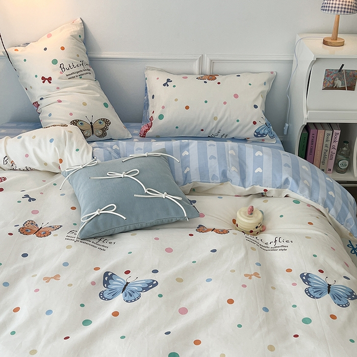 91家纺网 家纺一手货源 找家纺 2024新款13070跑量款全棉四件套--小清新系列 彩波点蝴蝶