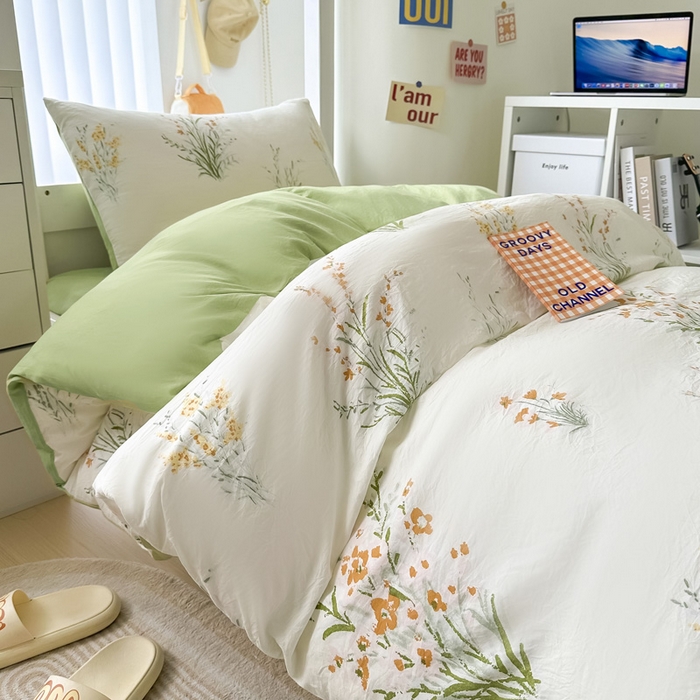 91家纺网 家纺一手货源 找家纺 2024新款水洗棉小清新印花学生三件套（床笠床套款） 仙草