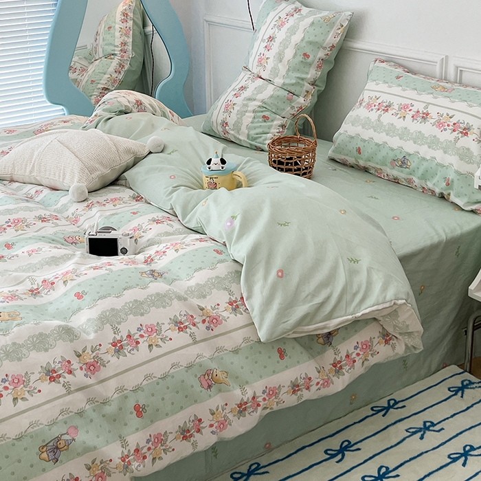 91家纺网 家纺一手货源 找家纺 2024新款13070跑量款全棉四件套--小清新系列 爱丽丝兔